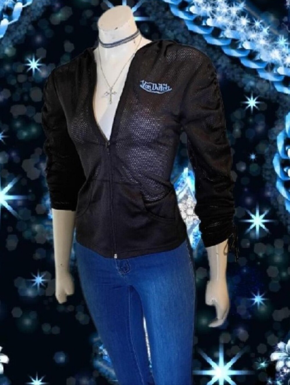 Y2K Von Dutch Sheer Black Mesh Zip Hoodie W/ Ruched Sleeves & Baby Blue Logo M